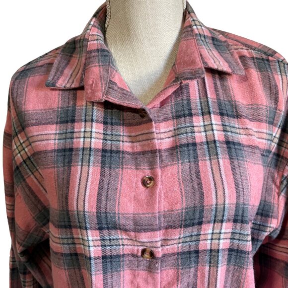 Pink Gray Plaid Button Down Shirt Women’s Medium Soft Brushed Flannel Look NWOT - Picture 2 of 7